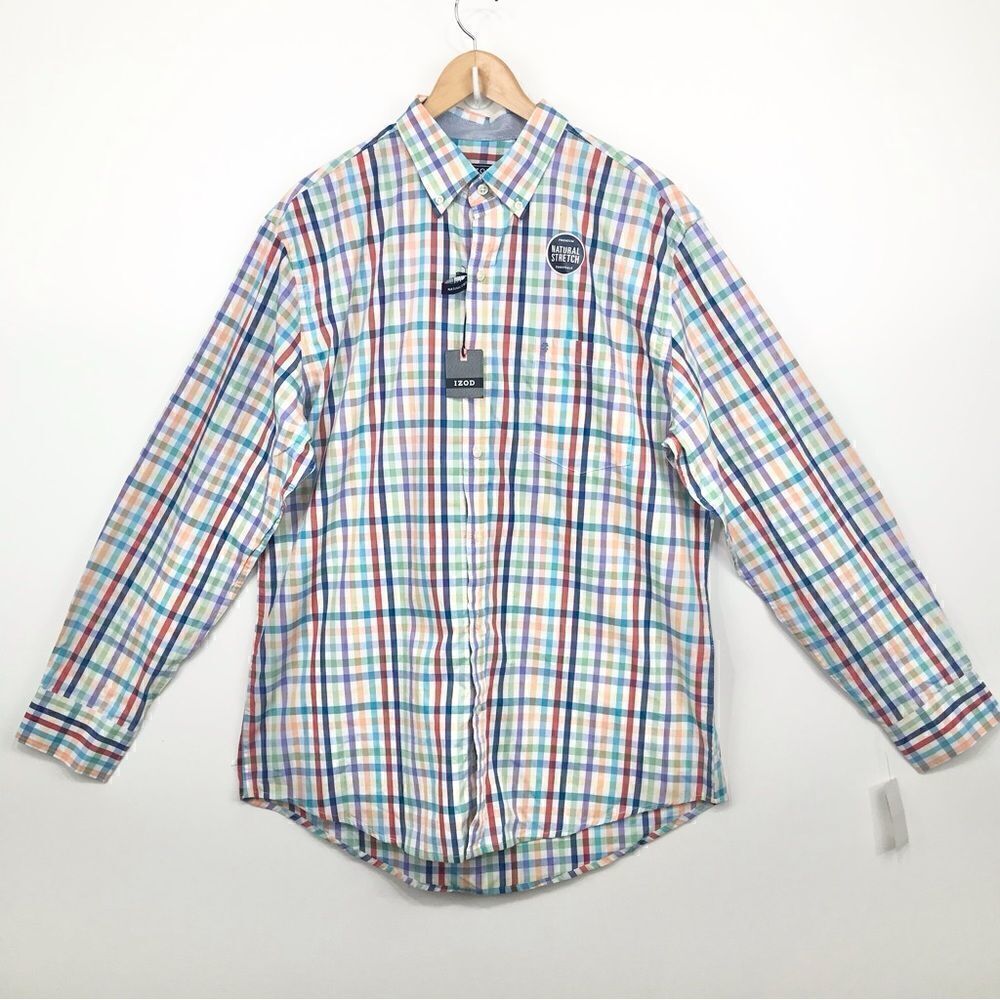 IZOD Multicolored Plaid 100% Cotton Long Sleeve Button Down Shirt NEW with Tags